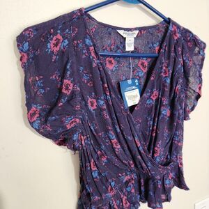 Arizona Vneck Blouse Women Size XS with snap closure Blue Navy Floral    B9
